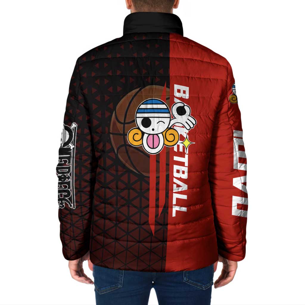 Nami One Piece Basketball Theme Red and Black Design Padded Jacket with Action Pose and Straw Hat Logo - The Mazicc