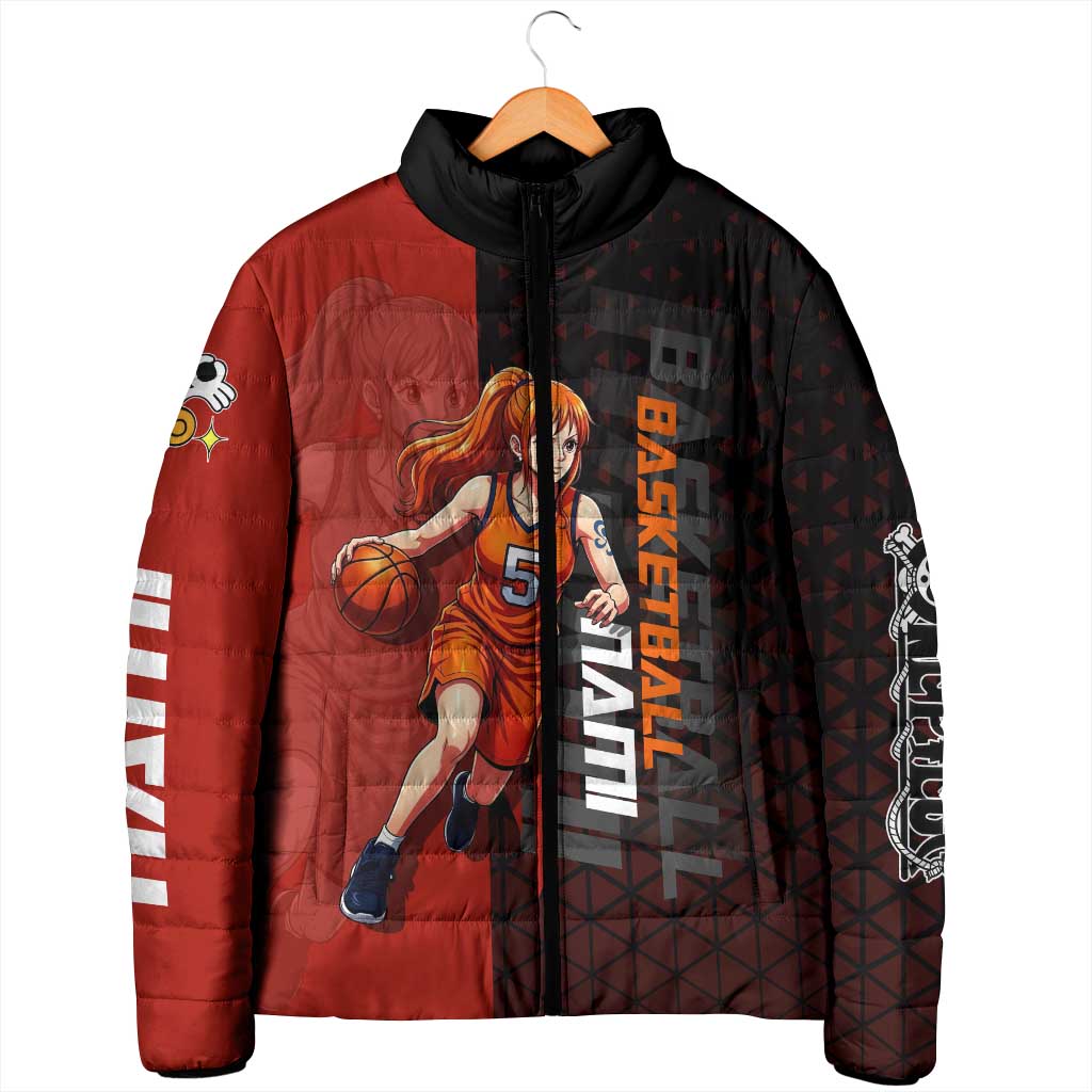 Nami One Piece Basketball Theme Red and Black Design Padded Jacket with Action Pose and Straw Hat Logo - The Mazicc