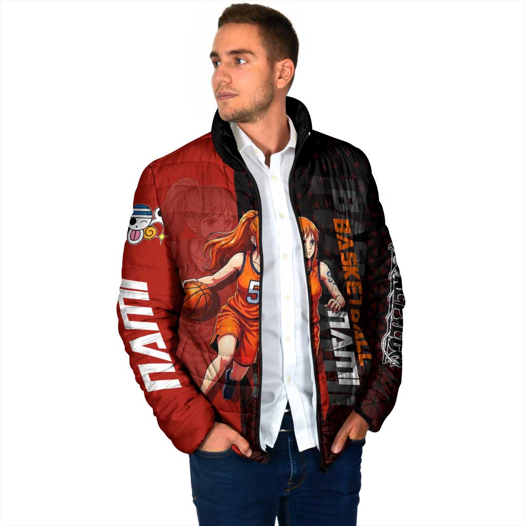 Nami One Piece Basketball Theme Red and Black Design Padded Jacket with Action Pose and Straw Hat Logo - The Mazicc