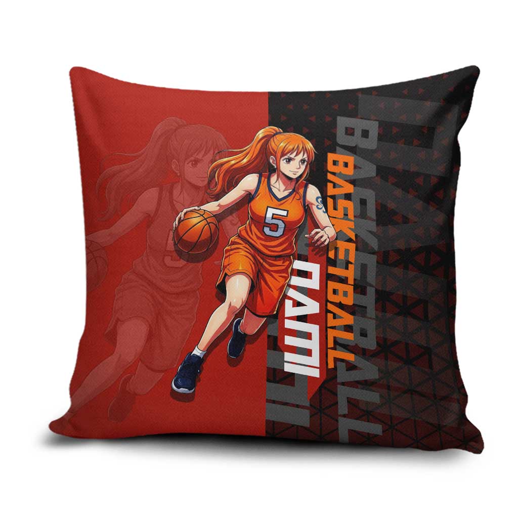 Nami One Piece Basketball Theme Red and Black Design Pillow Cover with Action Pose and Straw Hat Logo - The Mazicc