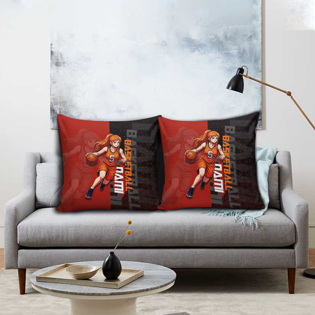 Nami One Piece Basketball Theme Red and Black Design Pillow Cover with Action Pose and Straw Hat Logo - The Mazicc