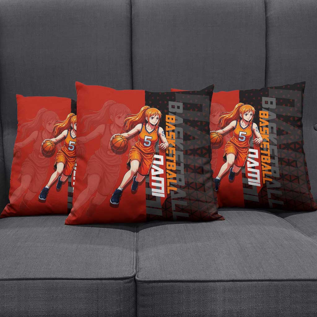 Nami One Piece Basketball Theme Red and Black Design Pillow Cover with Action Pose and Straw Hat Logo - The Mazicc