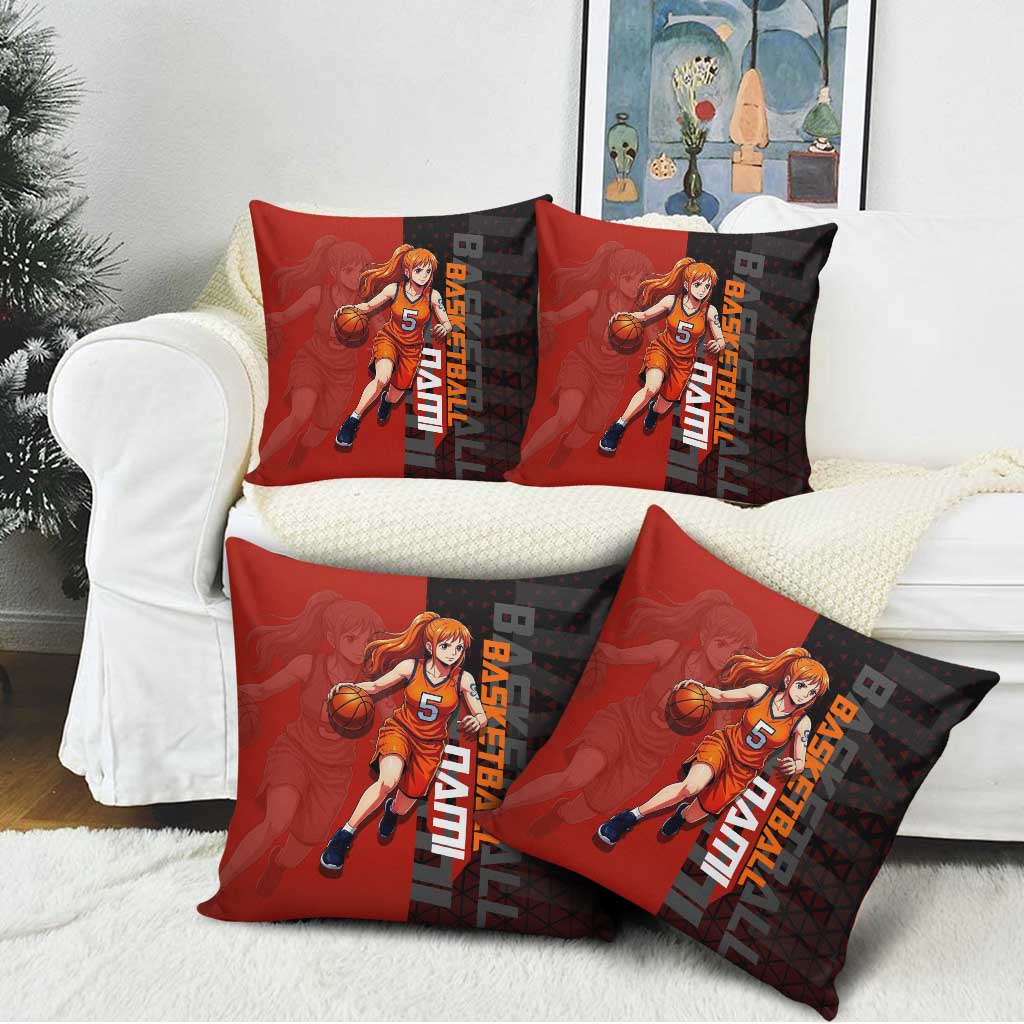 Nami One Piece Basketball Theme Red and Black Design Pillow Cover with Action Pose and Straw Hat Logo - The Mazicc