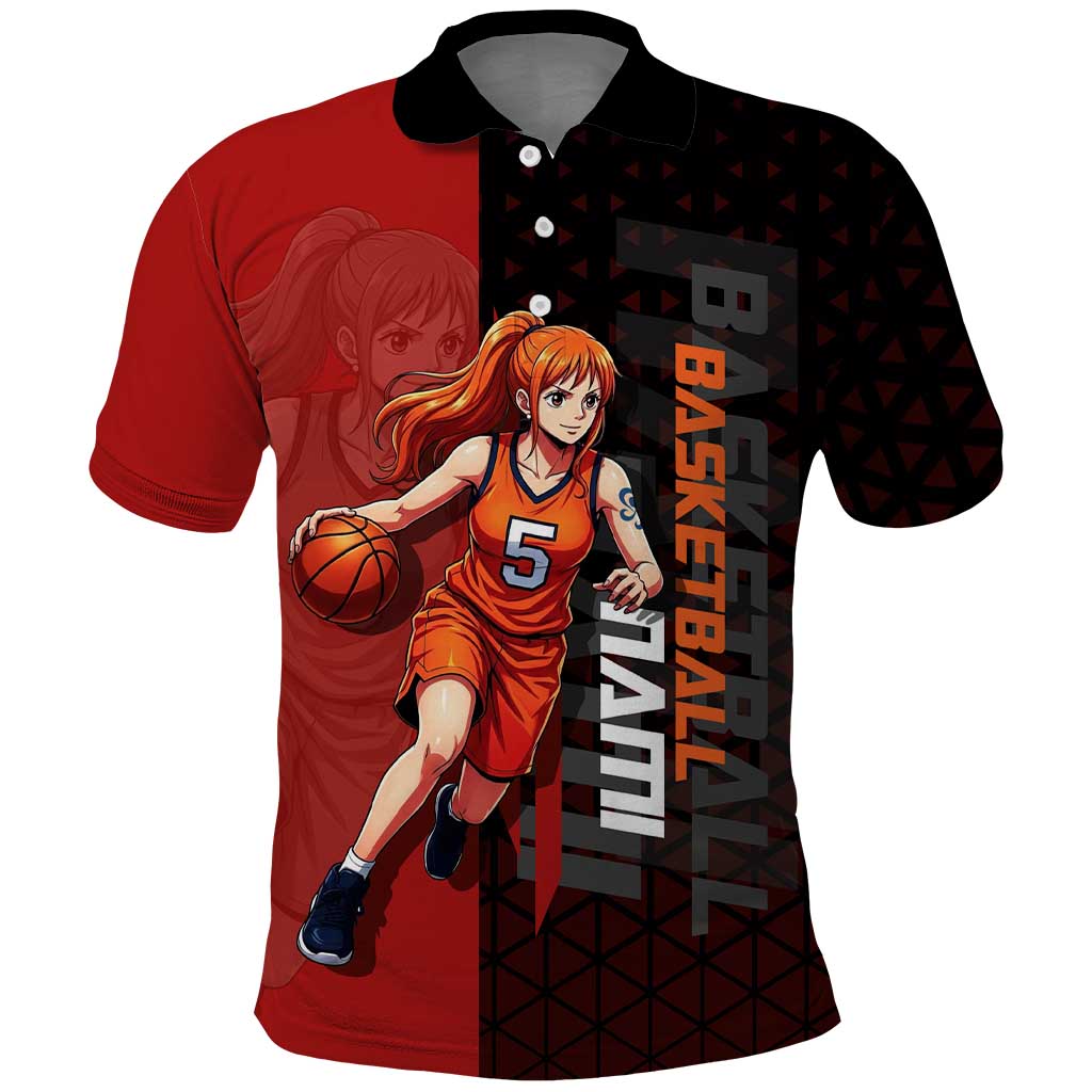 Nami One Piece Basketball Theme Red and Black Design Polo Shirt with Action Pose and Straw Hat Logo - The Mazicc