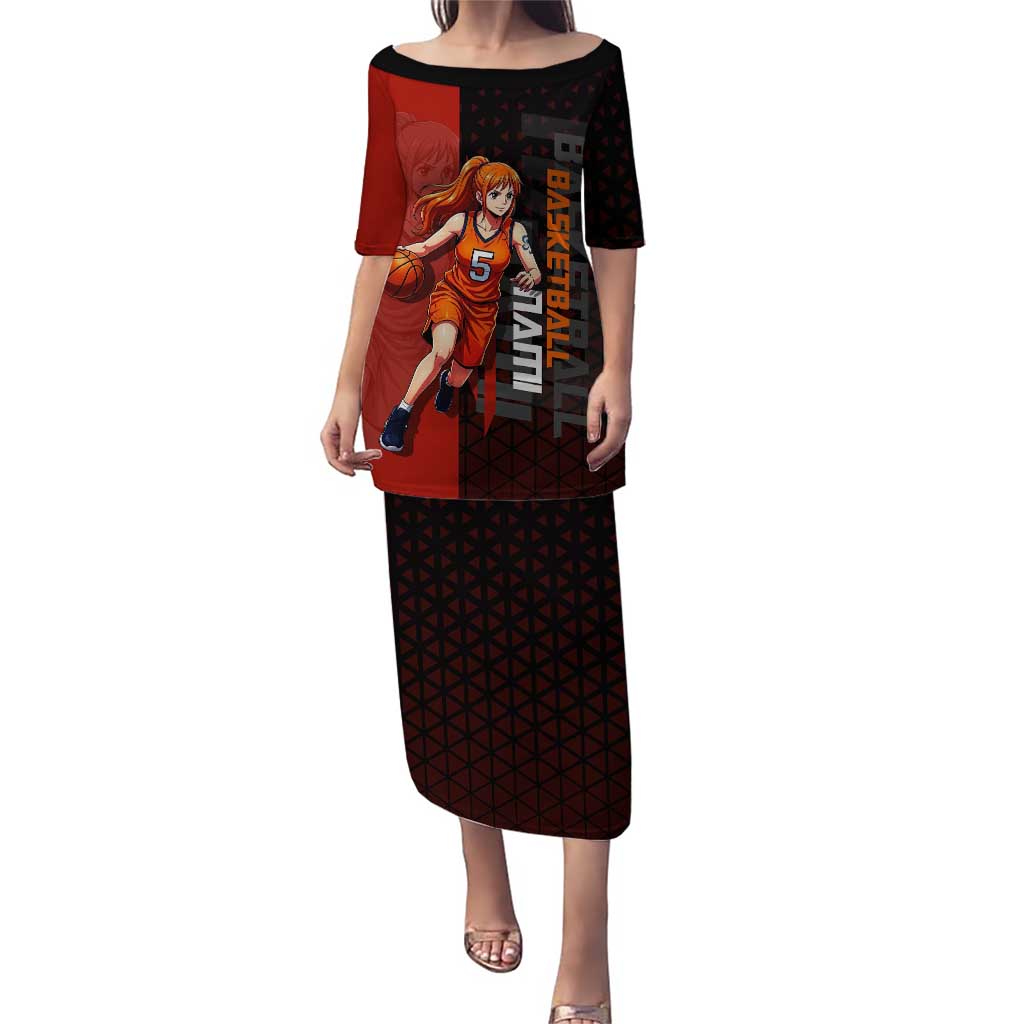 Nami One Piece Basketball Theme Red and Black Design Puletasi with Action Pose and Straw Hat Logo - The Mazicc