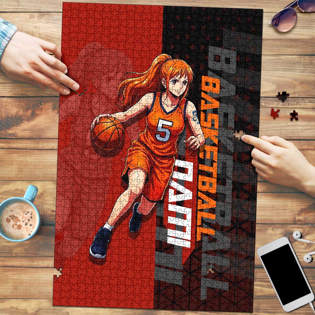 Nami One Piece Basketball Theme Red and Black Design Puzzle with Action Pose and Straw Hat Logo - The Mazicc