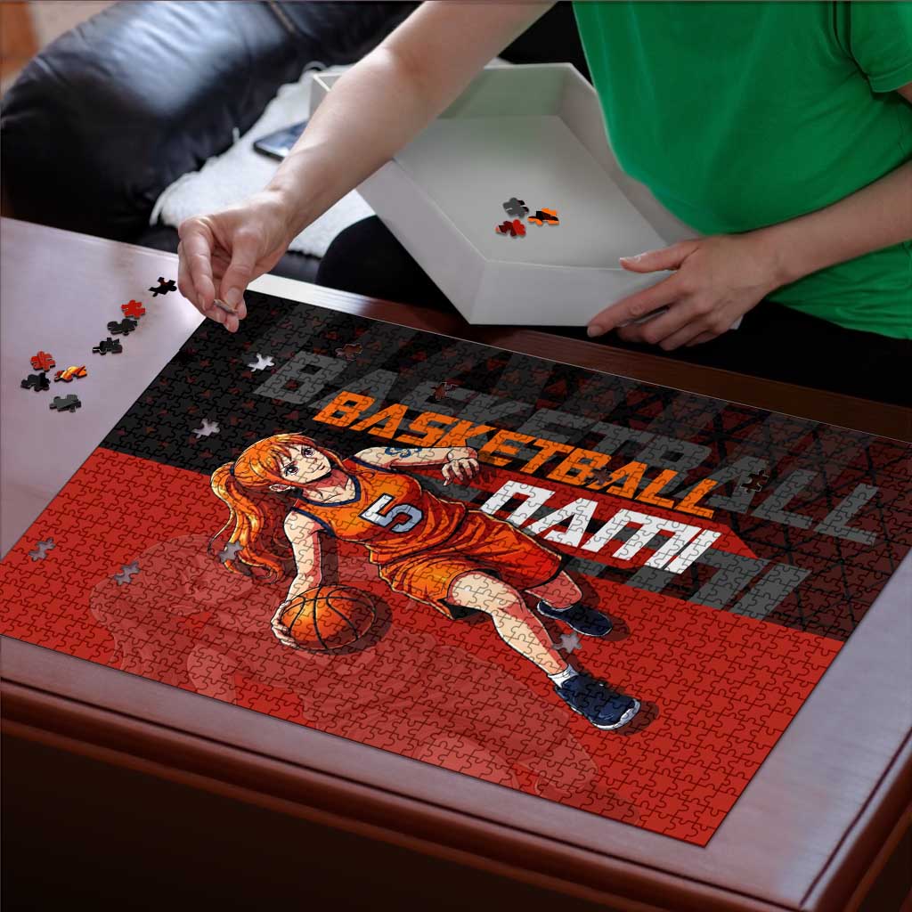 Nami One Piece Basketball Theme Red and Black Design Puzzle with Action Pose and Straw Hat Logo - The Mazicc