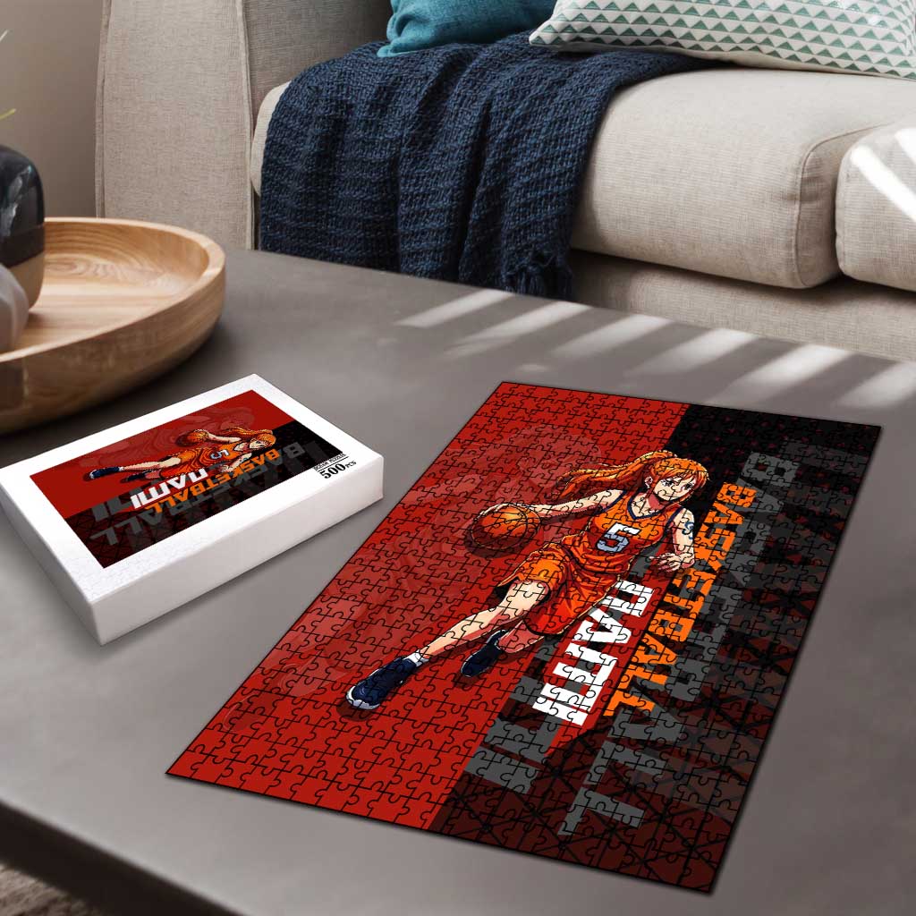 Nami One Piece Basketball Theme Red and Black Design Puzzle with Action Pose and Straw Hat Logo - The Mazicc