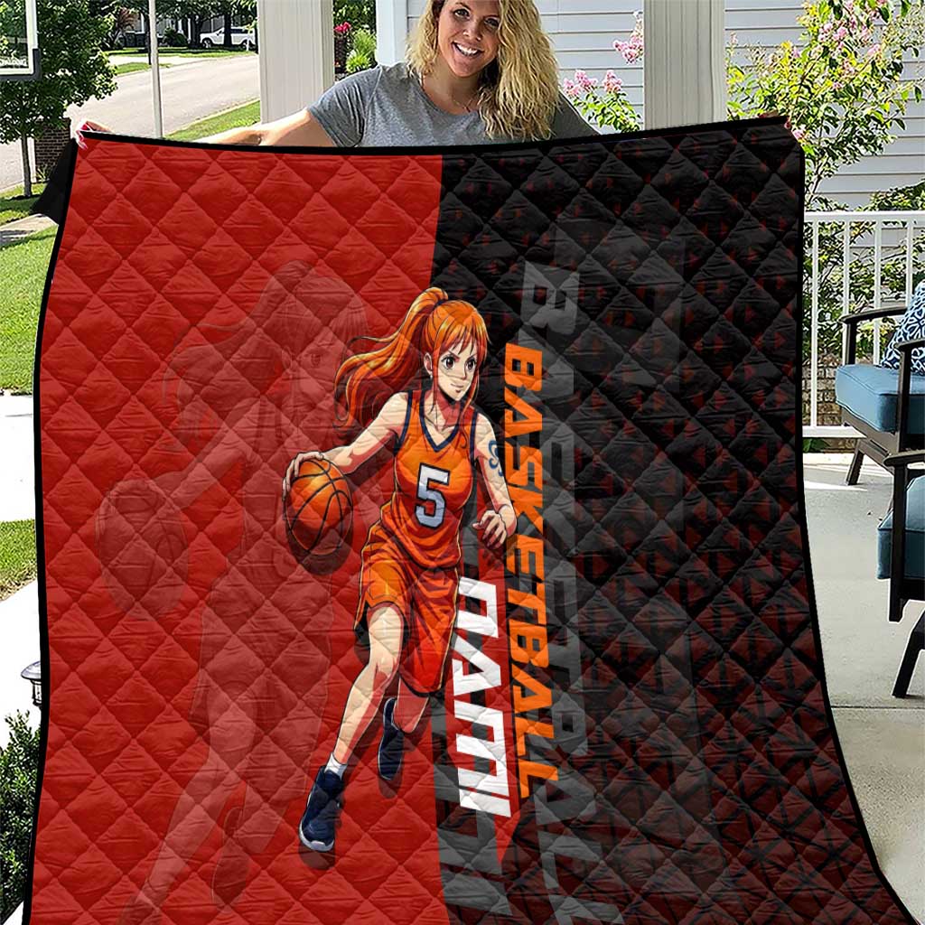 Nami One Piece Basketball Theme Red and Black Design Quilt with Action Pose and Straw Hat Logo - The Mazicc