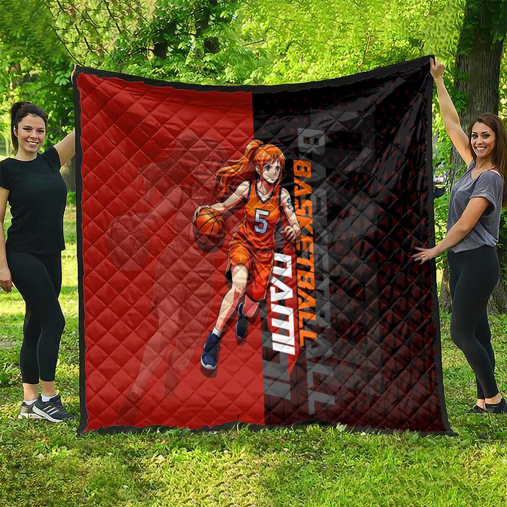Nami One Piece Basketball Theme Red and Black Design Quilt with Action Pose and Straw Hat Logo - The Mazicc