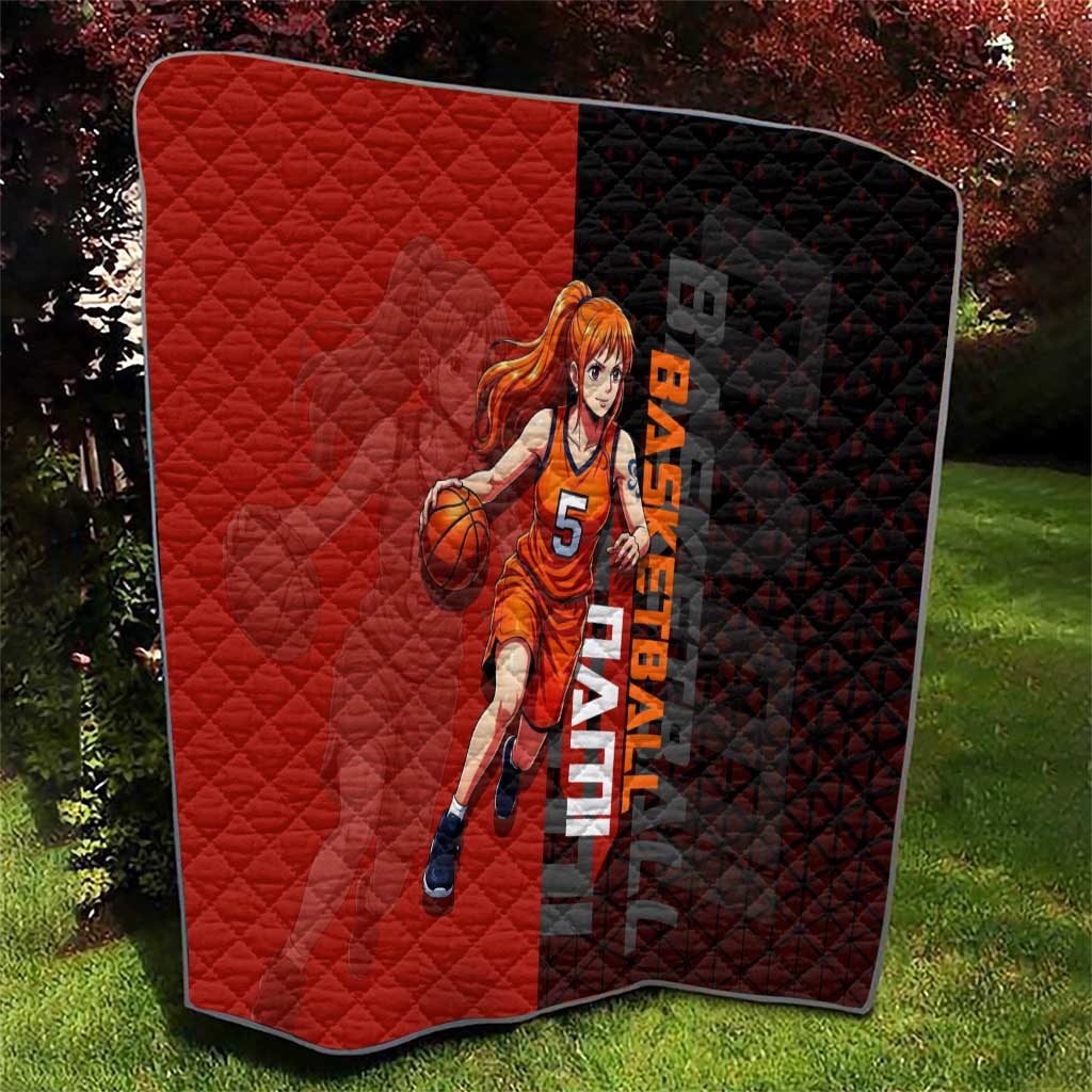 Nami One Piece Basketball Theme Red and Black Design Quilt with Action Pose and Straw Hat Logo - The Mazicc