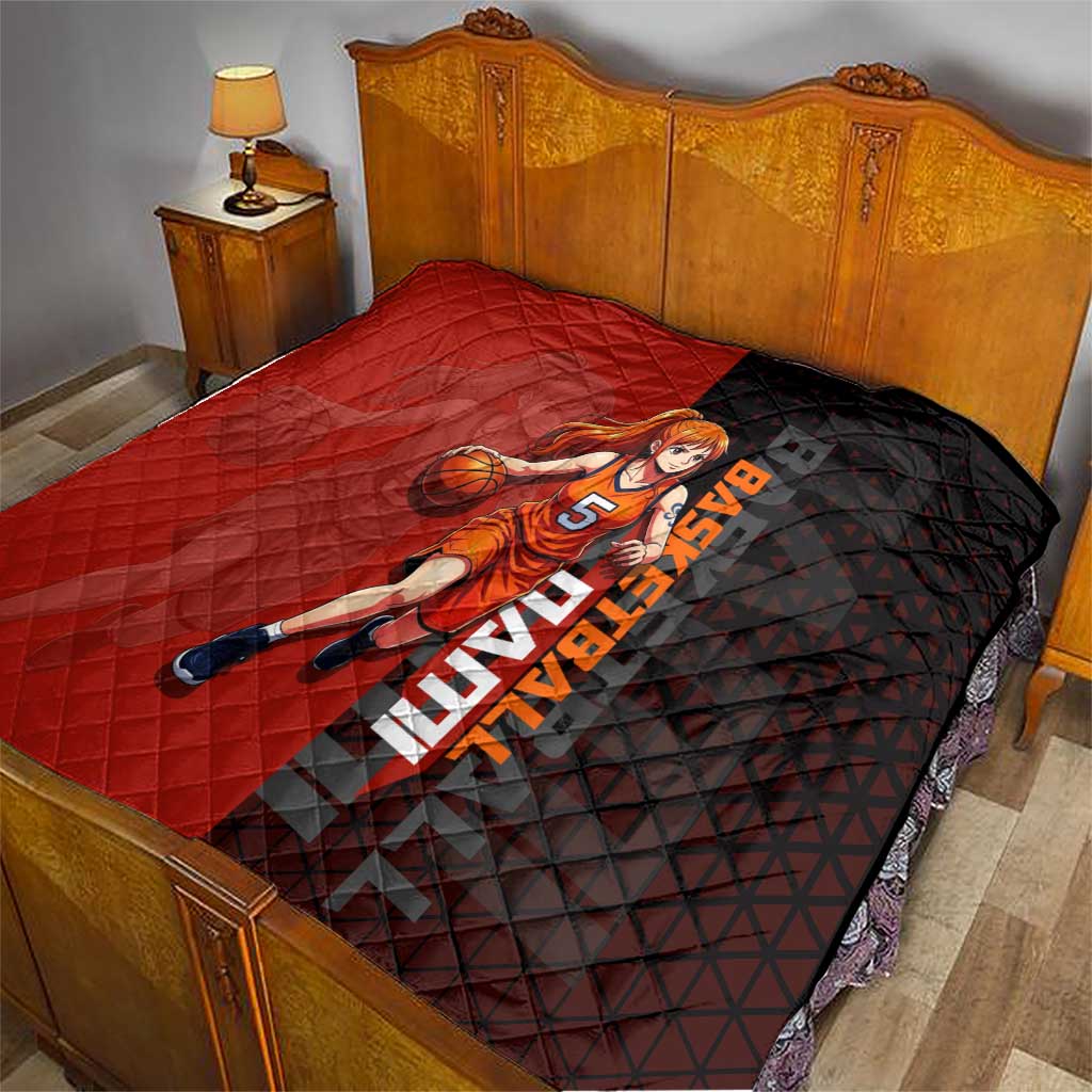 Nami One Piece Basketball Theme Red and Black Design Quilt with Action Pose and Straw Hat Logo - The Mazicc