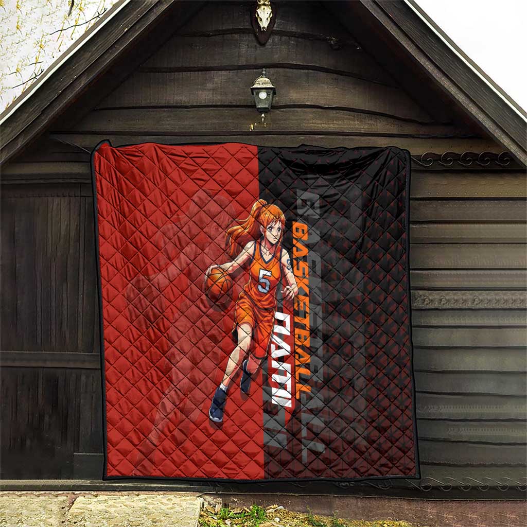 Nami One Piece Basketball Theme Red and Black Design Quilt with Action Pose and Straw Hat Logo - The Mazicc