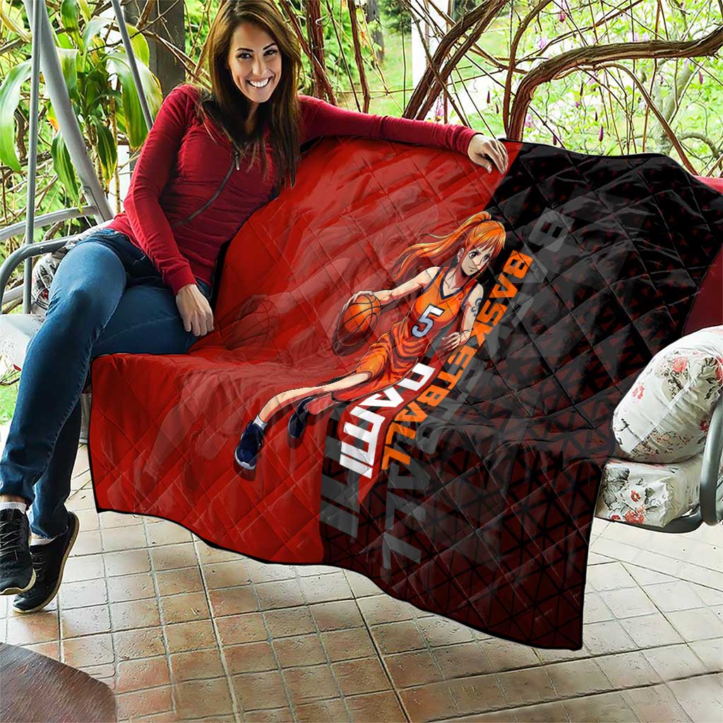 Nami One Piece Basketball Theme Red and Black Design Quilt with Action Pose and Straw Hat Logo - The Mazicc