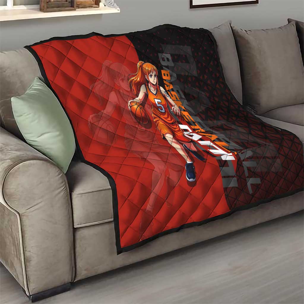 Nami One Piece Basketball Theme Red and Black Design Quilt with Action Pose and Straw Hat Logo - The Mazicc