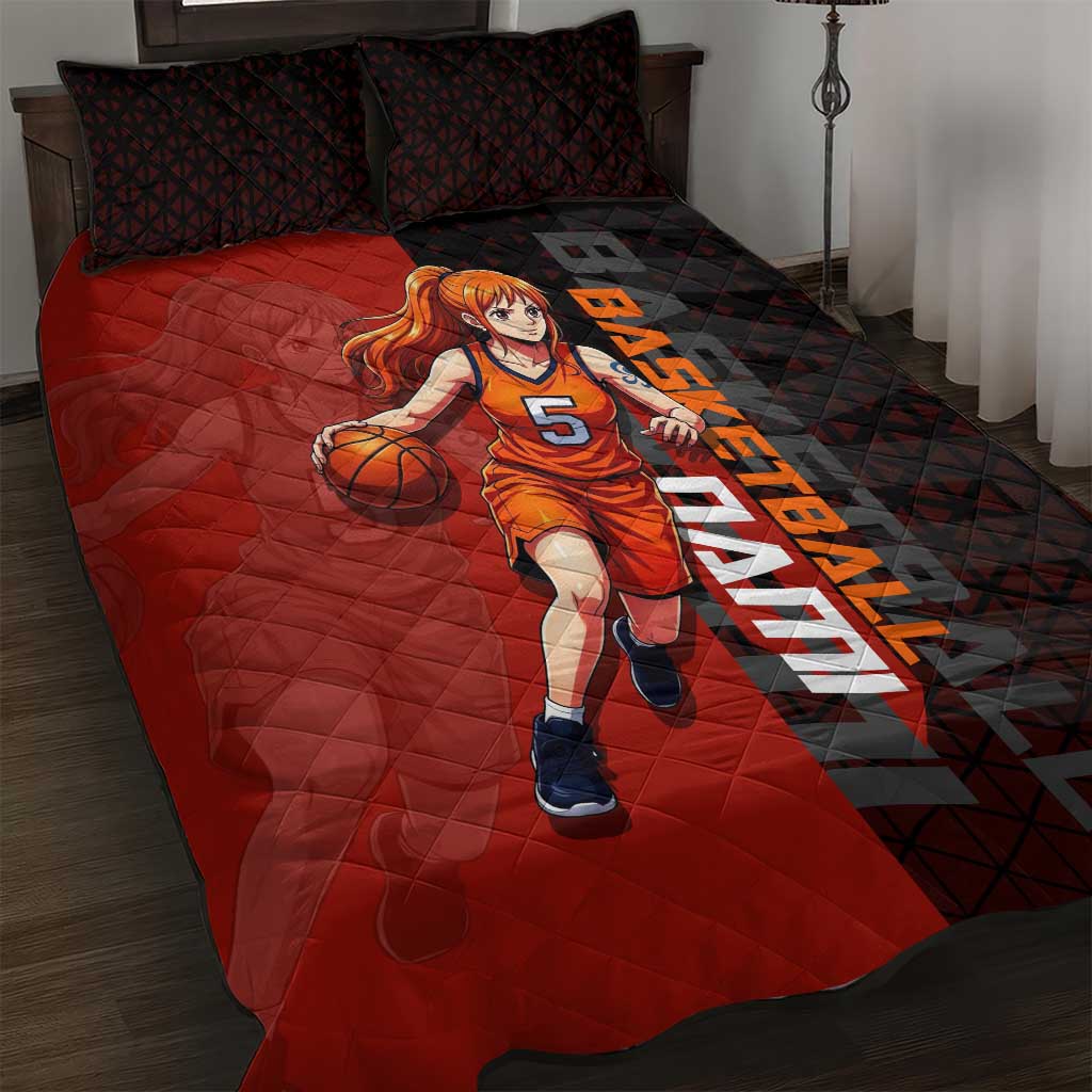 Nami One Piece Basketball Theme Red and Black Design Quilt Bed Set with Action Pose and Straw Hat Logo - The Mazicc