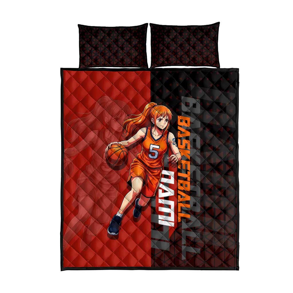 Nami One Piece Basketball Theme Red and Black Design Quilt Bed Set with Action Pose and Straw Hat Logo - The Mazicc