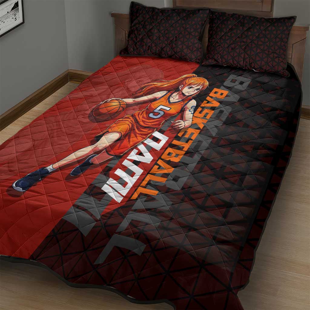 Nami One Piece Basketball Theme Red and Black Design Quilt Bed Set with Action Pose and Straw Hat Logo - The Mazicc