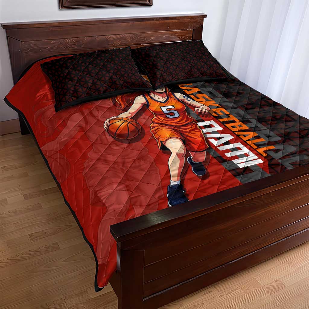 Nami One Piece Basketball Theme Red and Black Design Quilt Bed Set with Action Pose and Straw Hat Logo - The Mazicc