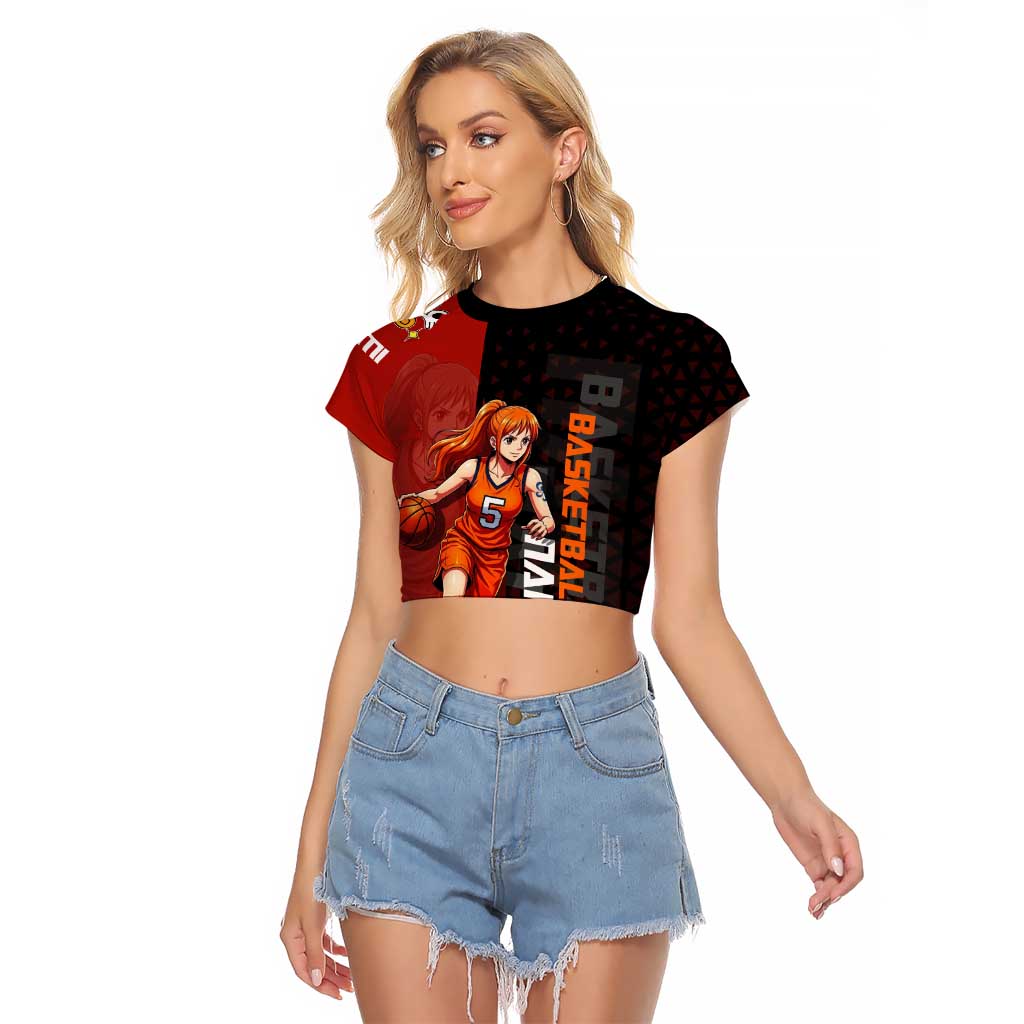 Nami One Piece Basketball Theme Red and Black Design Raglan Cropped T Shirt with Action Pose and Straw Hat Logo - The Mazicc