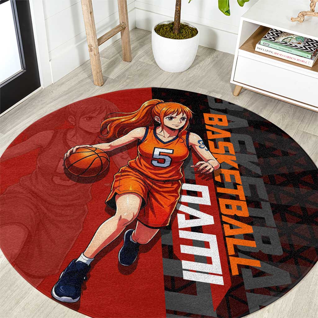 Nami One Piece Basketball Theme Red and Black Design Round Carpet with Action Pose and Straw Hat Logo - The Mazicc