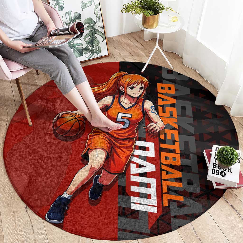 Nami One Piece Basketball Theme Red and Black Design Round Carpet with Action Pose and Straw Hat Logo - The Mazicc