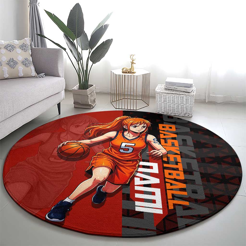 Nami One Piece Basketball Theme Red and Black Design Round Carpet with Action Pose and Straw Hat Logo - The Mazicc