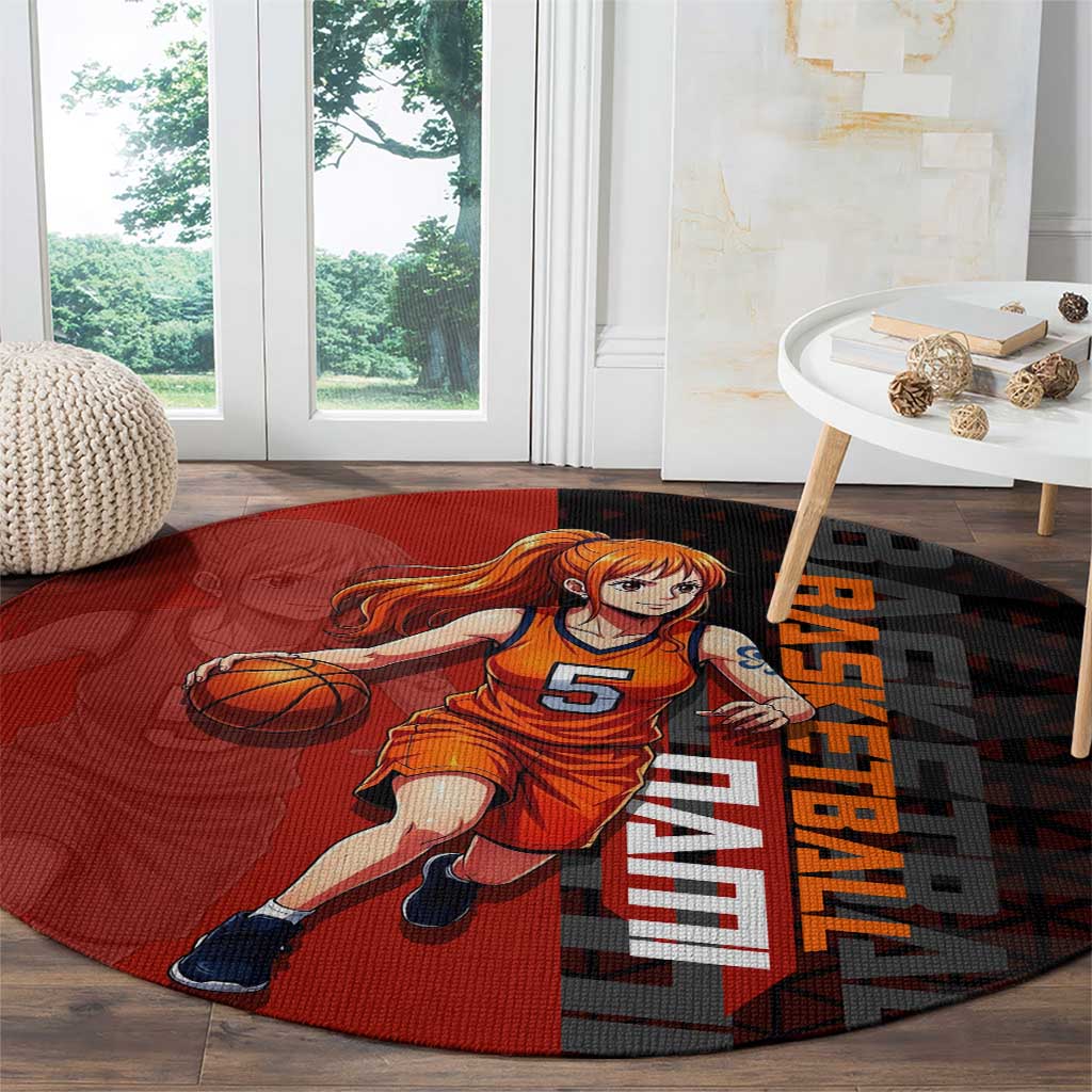 Nami One Piece Basketball Theme Red and Black Design Round Carpet with Action Pose and Straw Hat Logo - The Mazicc