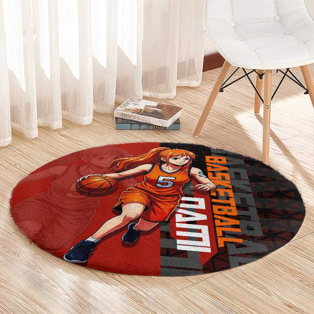 Nami One Piece Basketball Theme Red and Black Design Round Carpet with Action Pose and Straw Hat Logo - The Mazicc