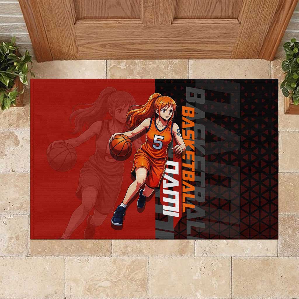 Nami One Piece Basketball Theme Red and Black Design Rubber Doormat with Action Pose and Straw Hat Logo - The Mazicc