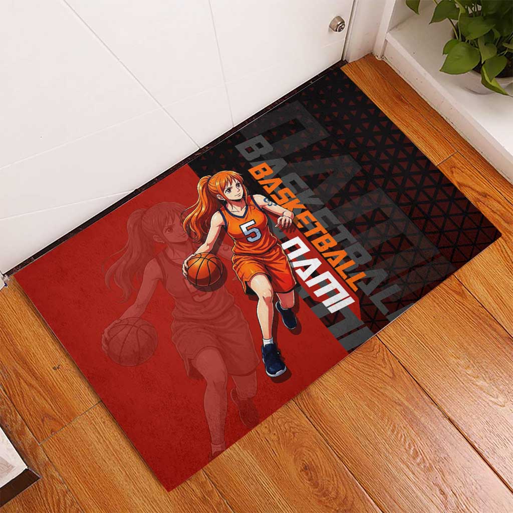 Nami One Piece Basketball Theme Red and Black Design Rubber Doormat with Action Pose and Straw Hat Logo - The Mazicc