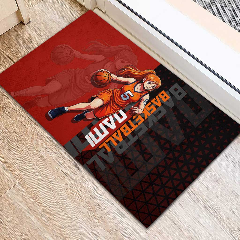 Nami One Piece Basketball Theme Red and Black Design Rubber Doormat with Action Pose and Straw Hat Logo - The Mazicc
