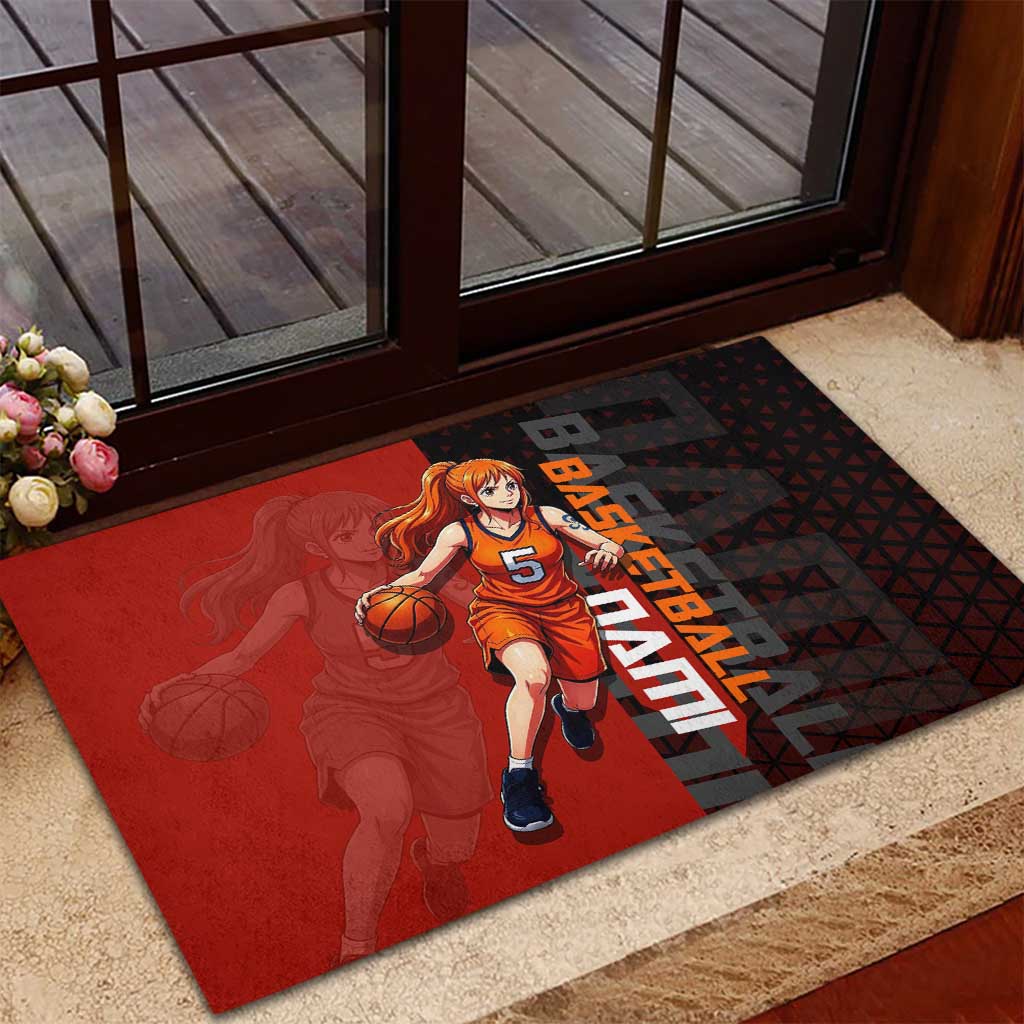 Nami One Piece Basketball Theme Red and Black Design Rubber Doormat with Action Pose and Straw Hat Logo - The Mazicc