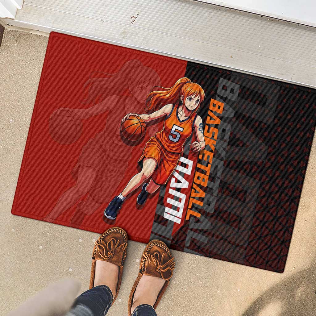 Nami One Piece Basketball Theme Red and Black Design Rubber Doormat with Action Pose and Straw Hat Logo - The Mazicc
