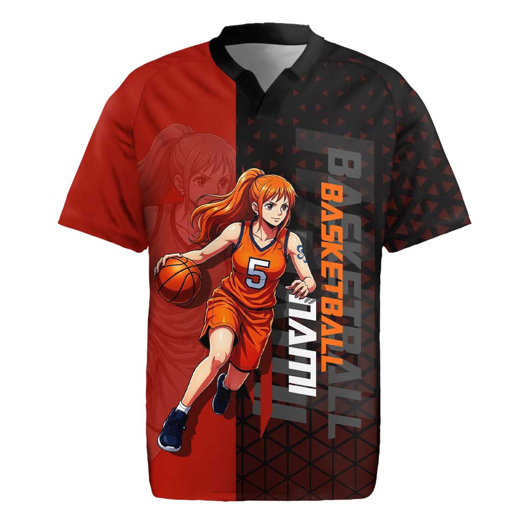 Nami One Piece Basketball Theme Red and Black Design Rugby Jersey with Action Pose and Straw Hat Logo - The Mazicc