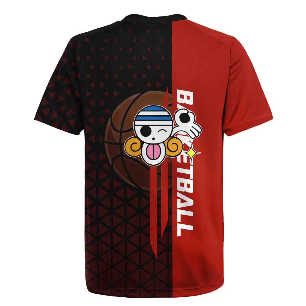 Nami One Piece Basketball Theme Red and Black Design Rugby Jersey with Action Pose and Straw Hat Logo - The Mazicc
