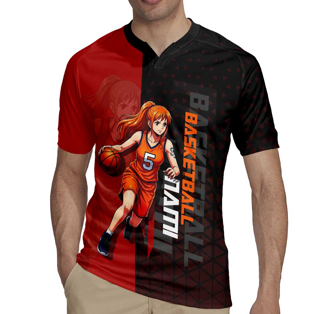 Nami One Piece Basketball Theme Red and Black Design Rugby Jersey with Action Pose and Straw Hat Logo - The Mazicc