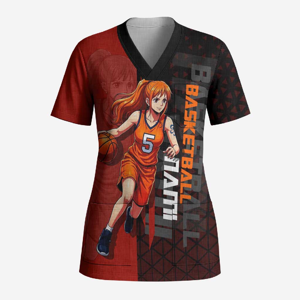 Nami One Piece Basketball Theme Red and Black Design Scrub Top with Action Pose and Straw Hat Logo - The Mazicc