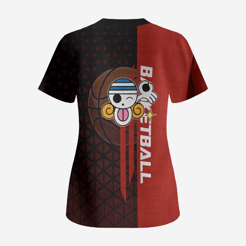Nami One Piece Basketball Theme Red and Black Design Scrub Top with Action Pose and Straw Hat Logo - The Mazicc