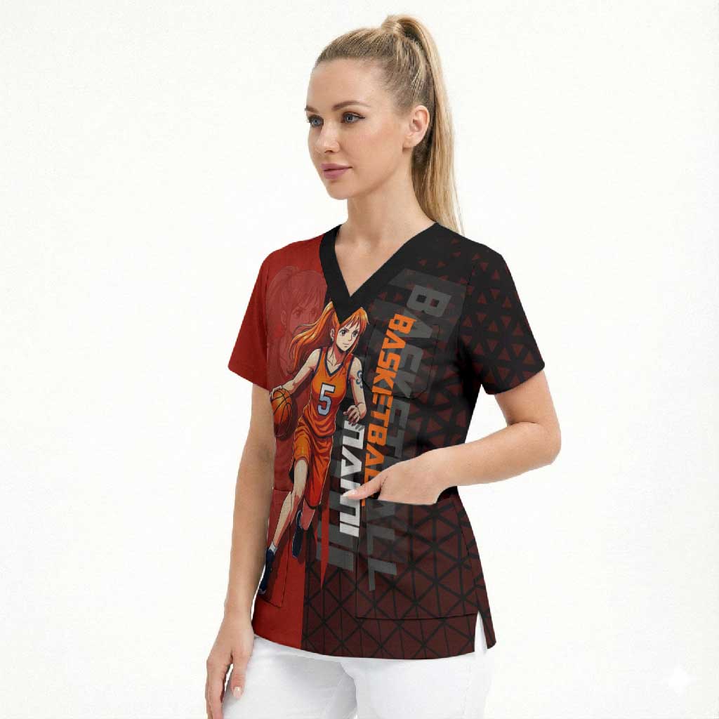 Nami One Piece Basketball Theme Red and Black Design Scrub Top with Action Pose and Straw Hat Logo - The Mazicc