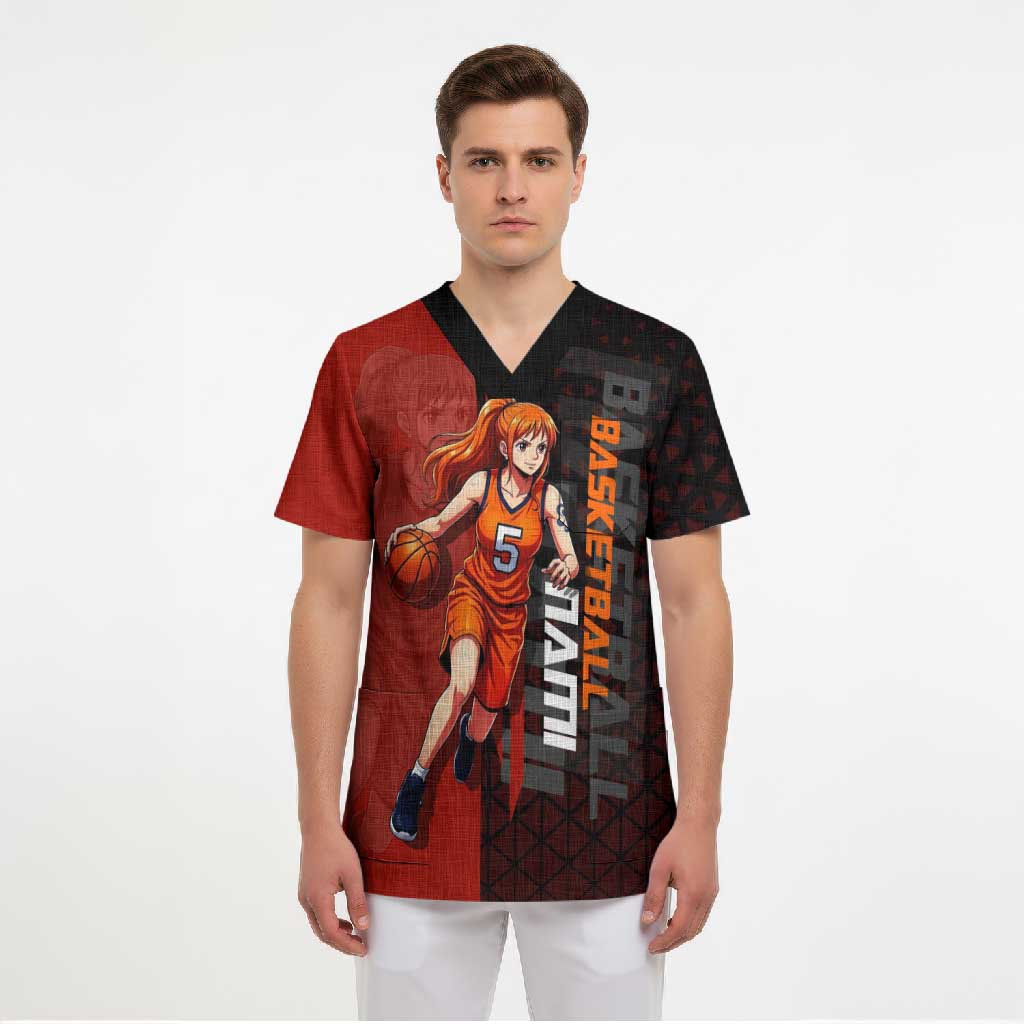 Nami One Piece Basketball Theme Red and Black Design Scrub Top with Action Pose and Straw Hat Logo - The Mazicc