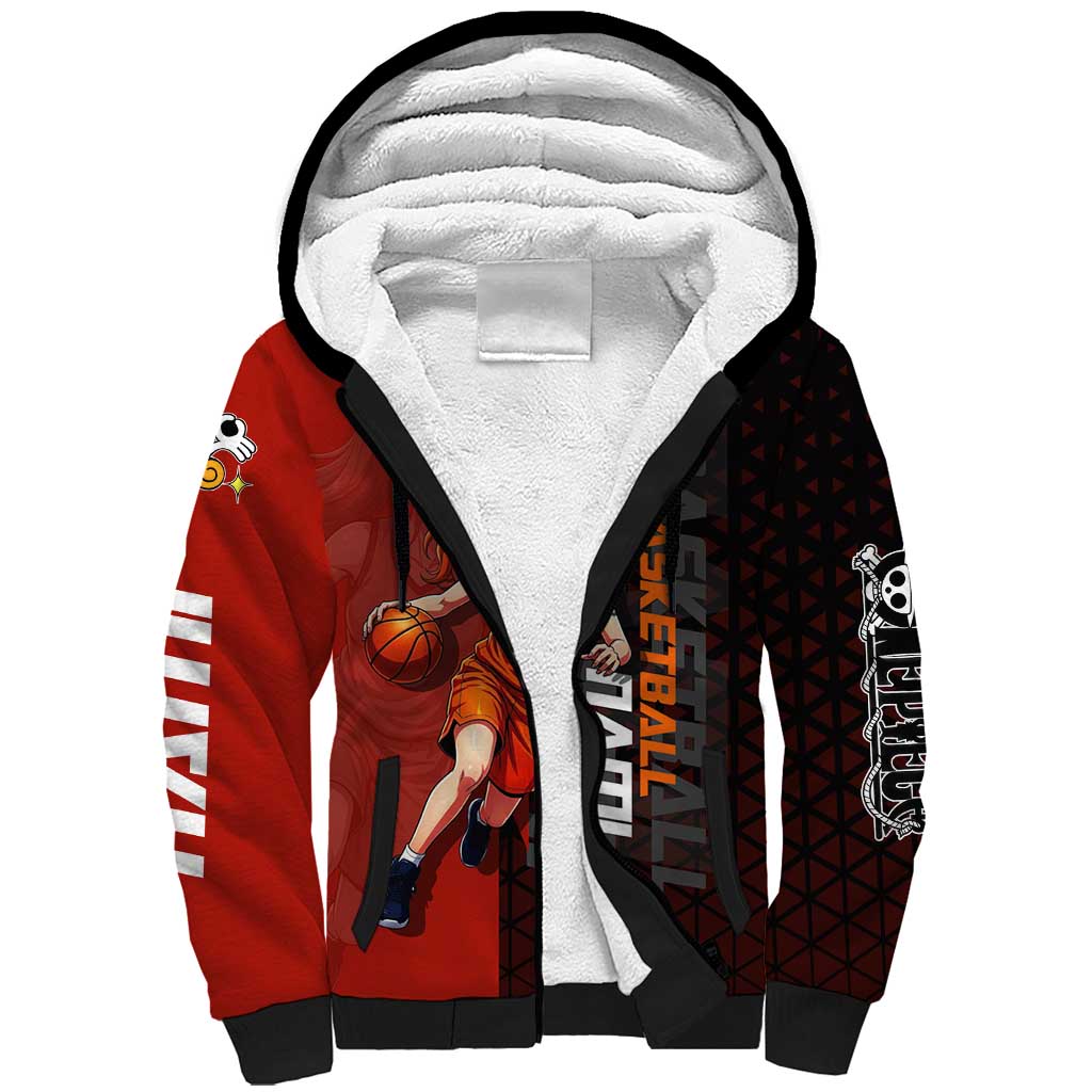 Nami One Piece Basketball Theme Red and Black Design Sherpa Hoodie with Action Pose and Straw Hat Logo - The Mazicc