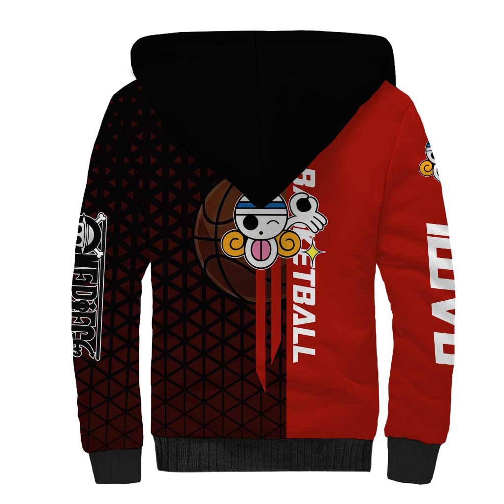 Nami One Piece Basketball Theme Red and Black Design Sherpa Hoodie with Action Pose and Straw Hat Logo - The Mazicc