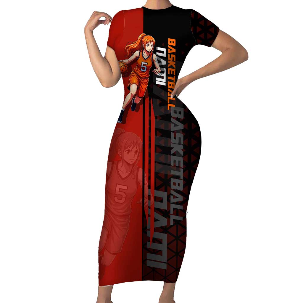 Nami One Piece Basketball Theme Red and Black Design Short Sleeve Bodycon Dress with Action Pose and Straw Hat Logo - The Mazicc