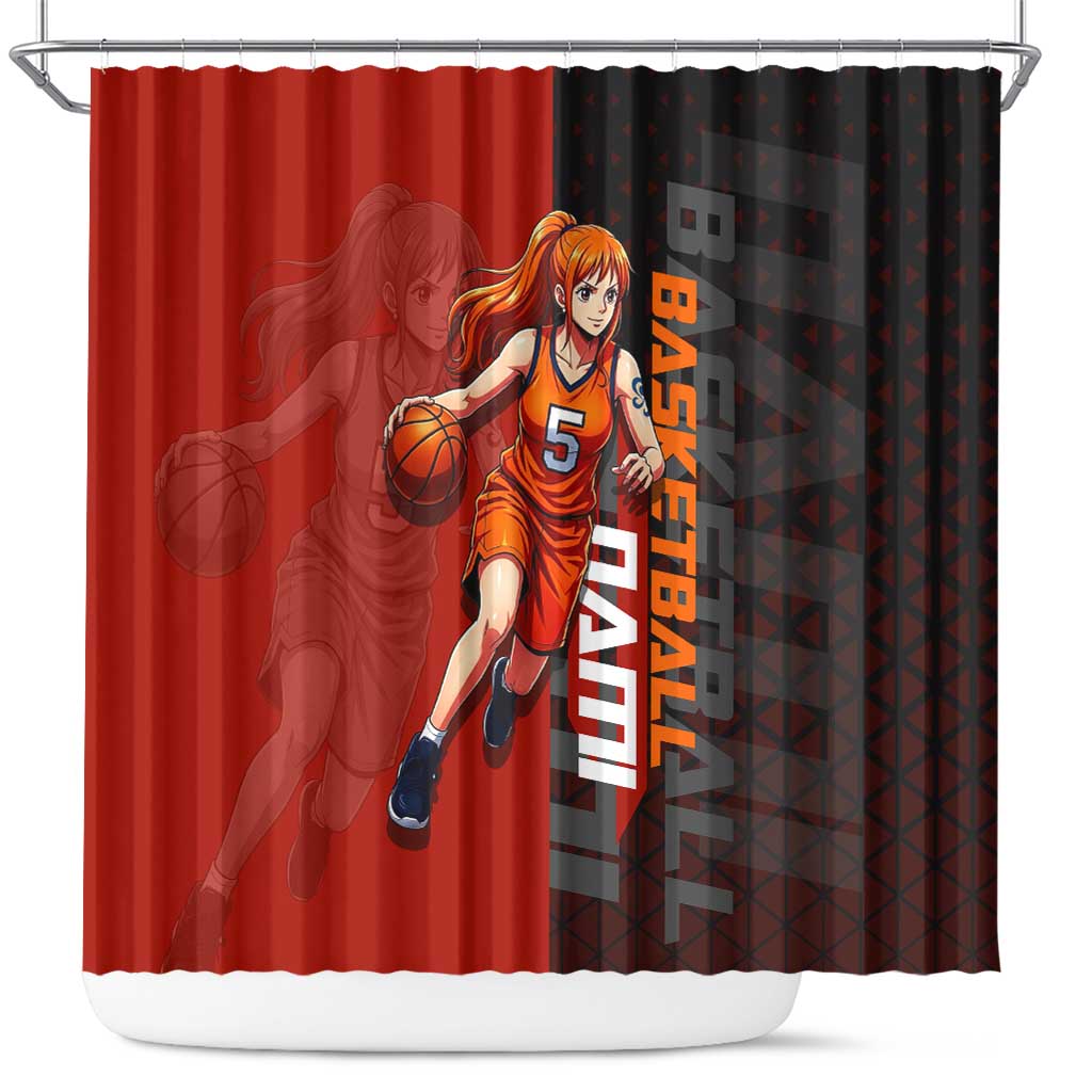 Nami One Piece Basketball Theme Red and Black Design Shower Curtain with Action Pose and Straw Hat Logo - The Mazicc