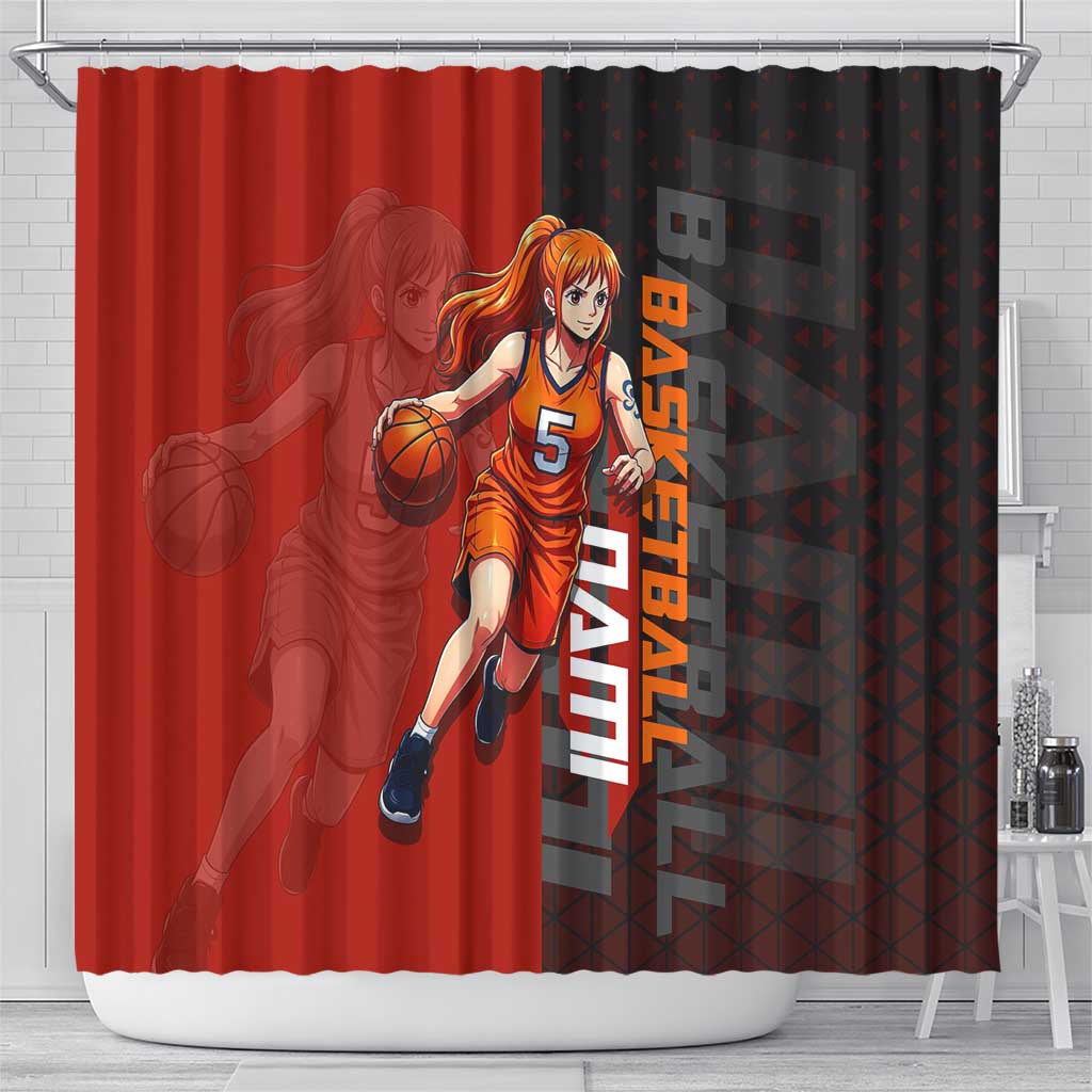 Nami One Piece Basketball Theme Red and Black Design Shower Curtain with Action Pose and Straw Hat Logo - The Mazicc