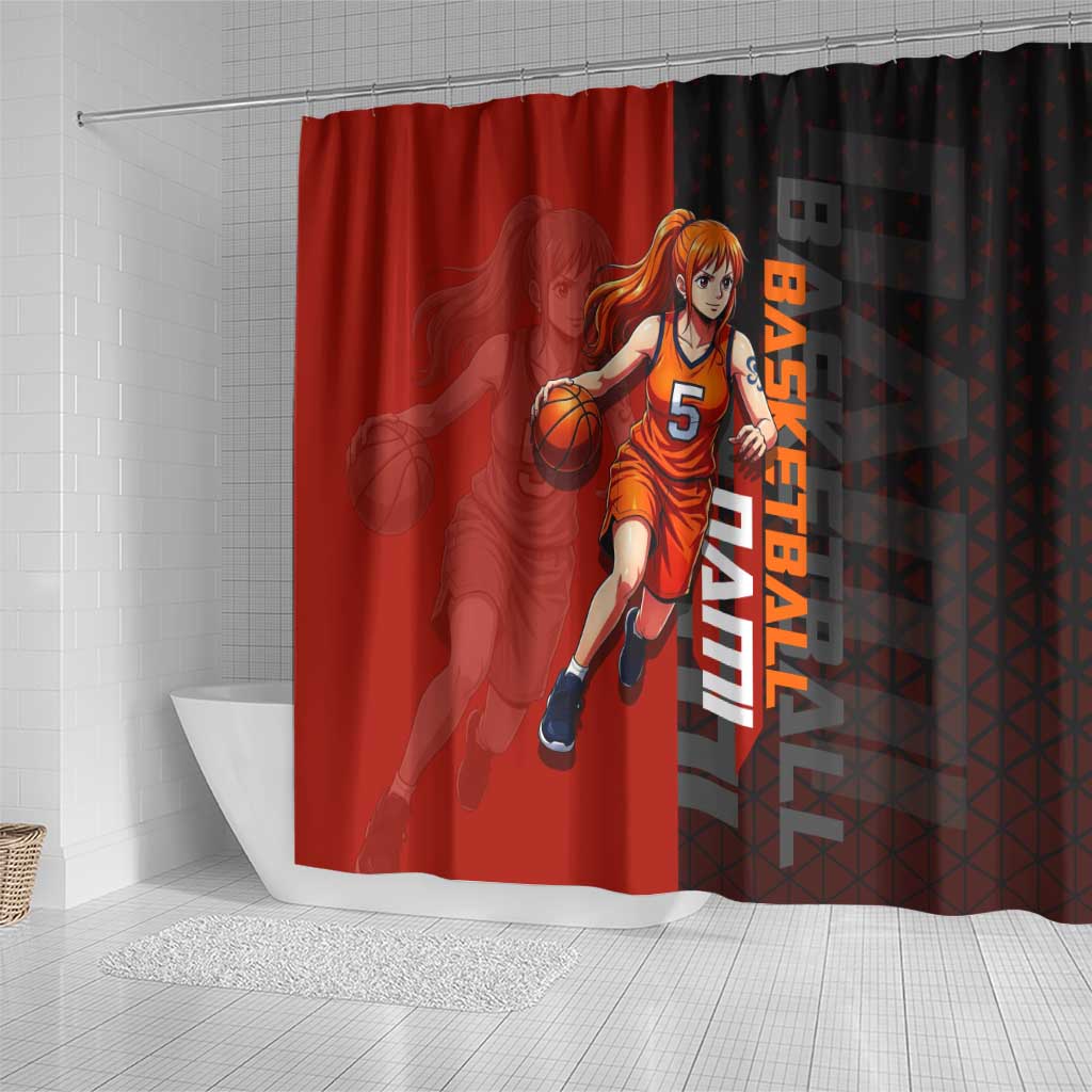 Nami One Piece Basketball Theme Red and Black Design Shower Curtain with Action Pose and Straw Hat Logo - The Mazicc