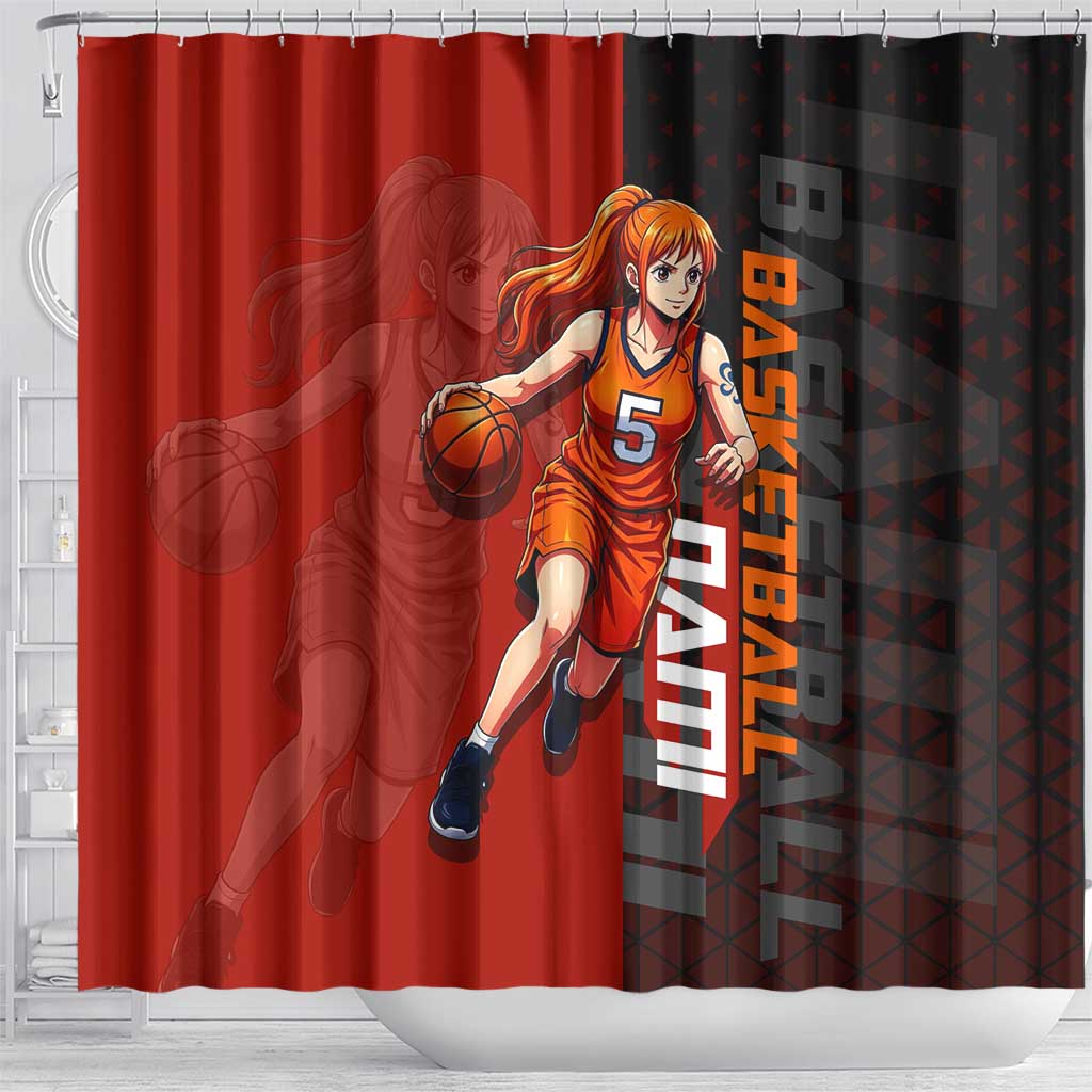 Nami One Piece Basketball Theme Red and Black Design Shower Curtain with Action Pose and Straw Hat Logo - The Mazicc