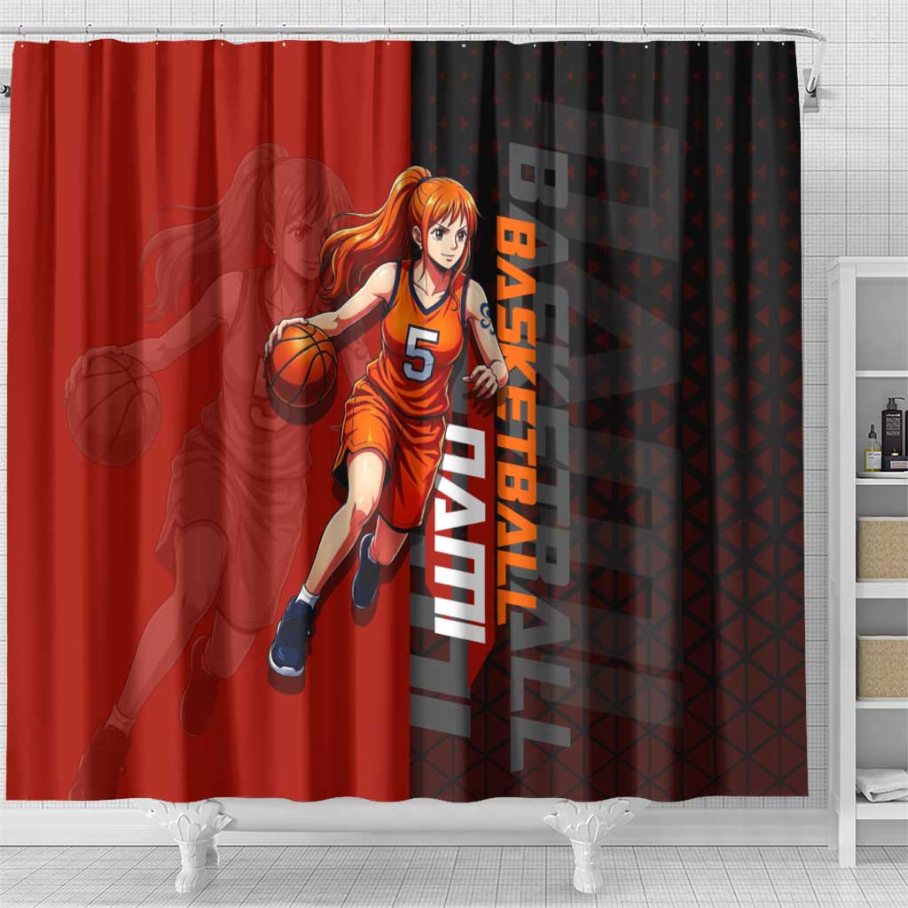 Nami One Piece Basketball Theme Red and Black Design Shower Curtain with Action Pose and Straw Hat Logo - The Mazicc
