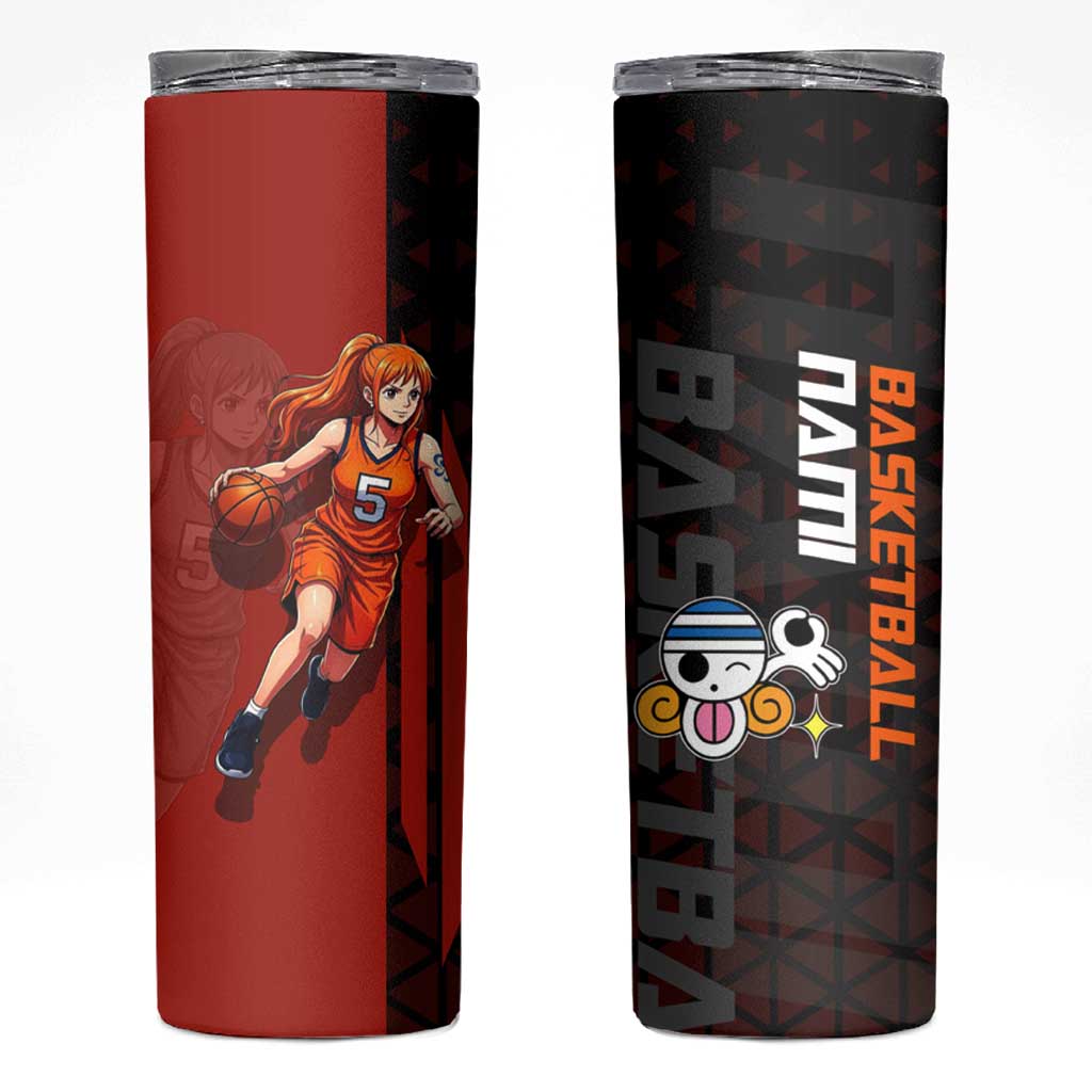 Nami One Piece Basketball Theme Red and Black Design Skinny Tumbler with Action Pose and Straw Hat Logo - The Mazicc